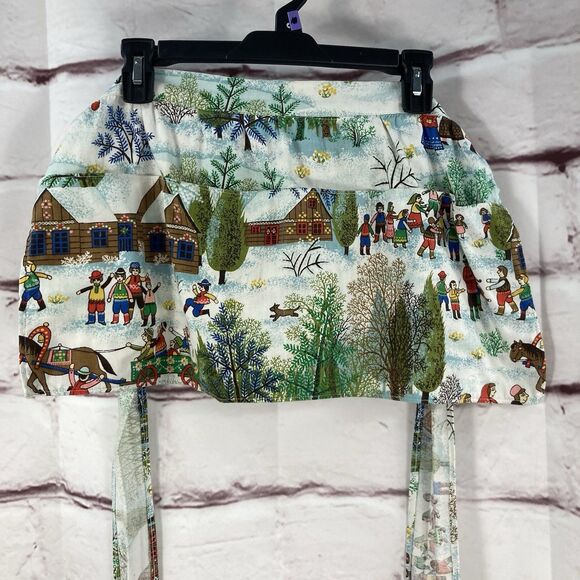 Handmade Half Apron Winter Scene Christmas Snow Cold Sleigh Ride Pockets Ties - Picture 1 of 8